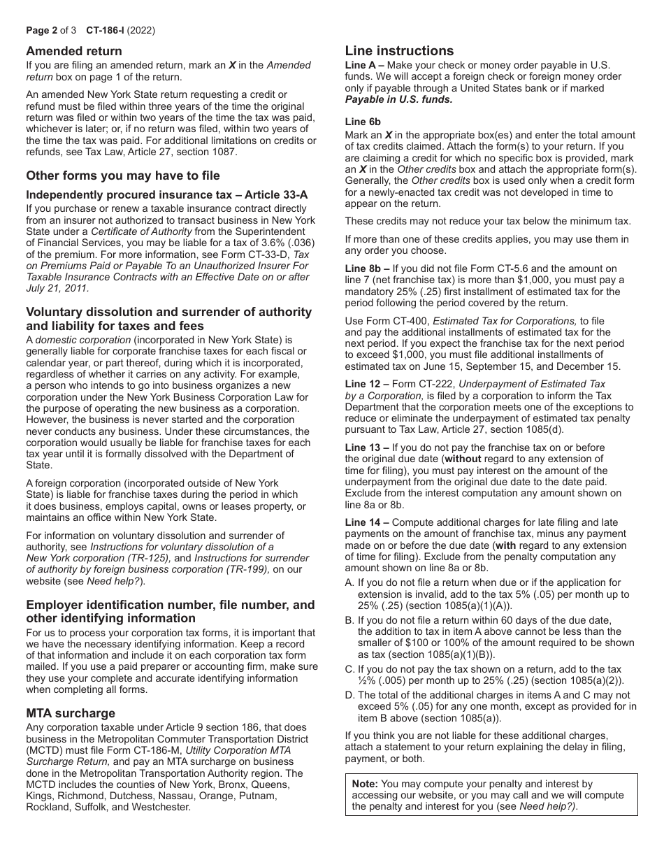 Instructions for Form CT-186 Utility Corporation Franchise Tax Return for Continuing Section 186 Taxpayers Only (Certain Independent Power Producers) - New York, Page 2