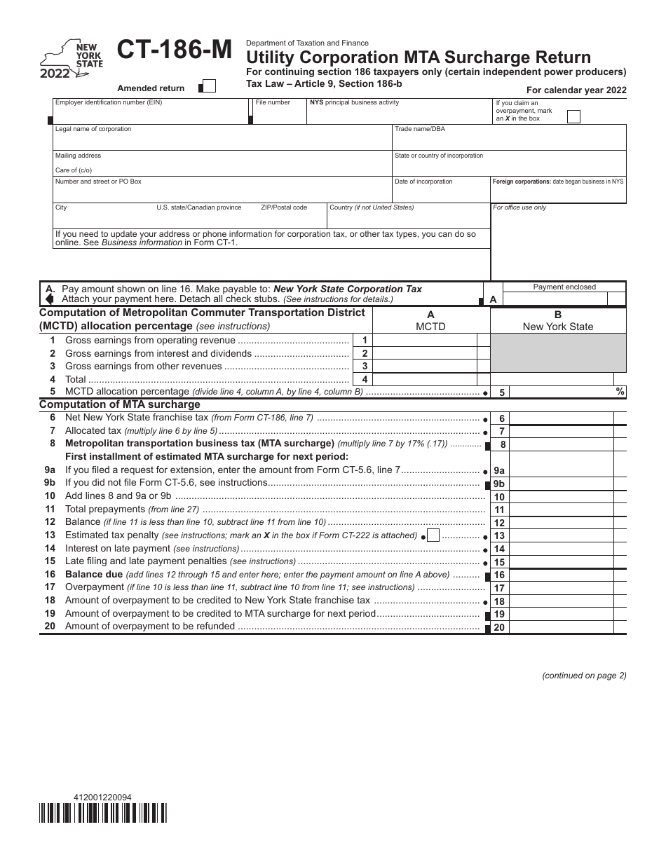 Form CT-186-M Utility Corporation Mta Surcharge Return for Continuing Section 186 Taxpayers Only (Certain Independent Power Producers) - New York, Page 1