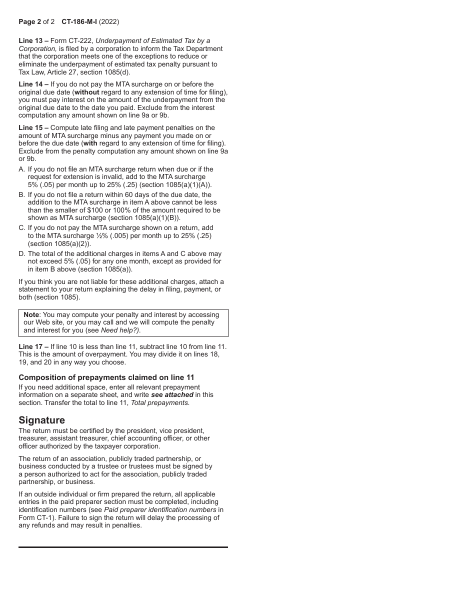 Instructions for Form CT-186-M Utility Corporation Mta Surcharge Return for Continuing Section 186 Taxpayers Only (Certain Independent Power Producers) - New York, Page 2