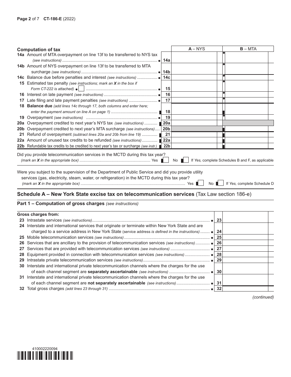 Form CT-186-E Telecommunications Tax Return and Utility Services Tax Return - New York, Page 2