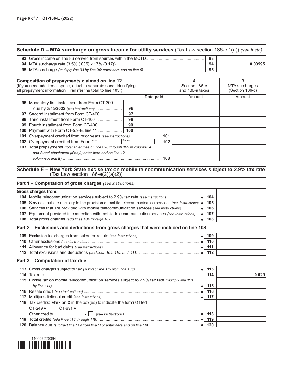 Form CT-186-E Telecommunications Tax Return and Utility Services Tax Return - New York, Page 6