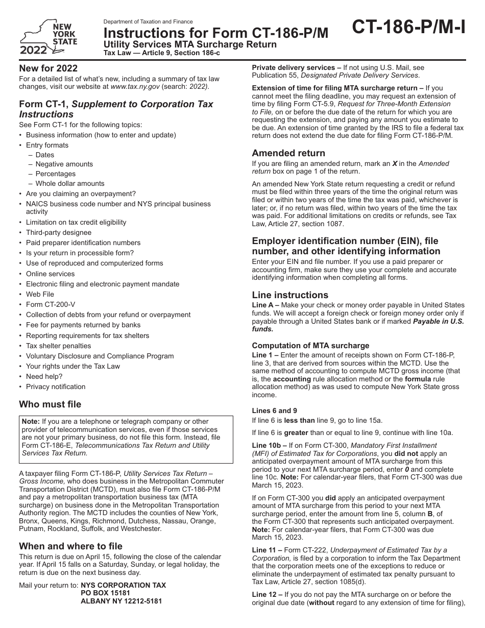 Instructions for Form CT-186-P / M Utility Services Mta Surcharge Return - New York, Page 1