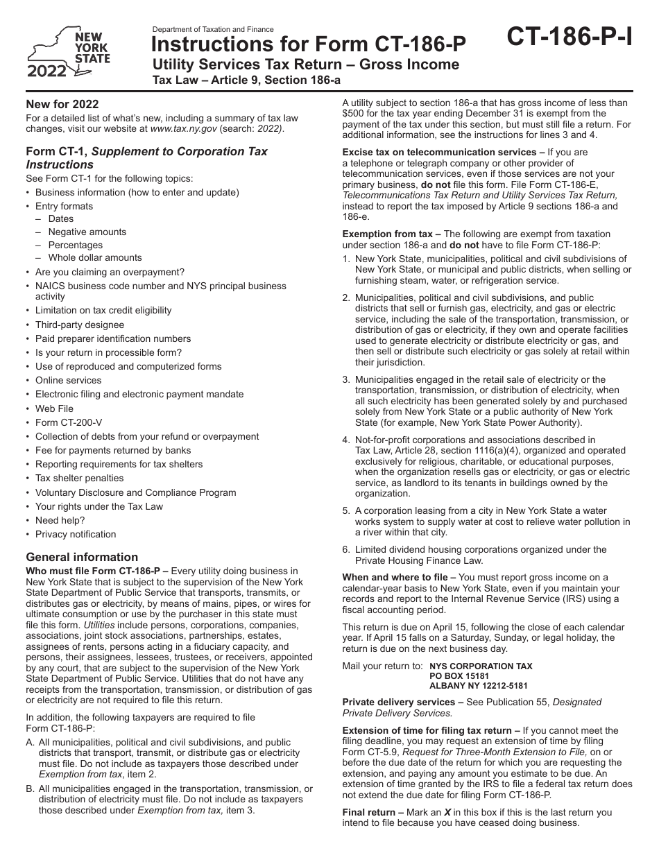 Instructions for Form CT-186-P Utility Services Tax Return - Gross Income - New York, Page 1