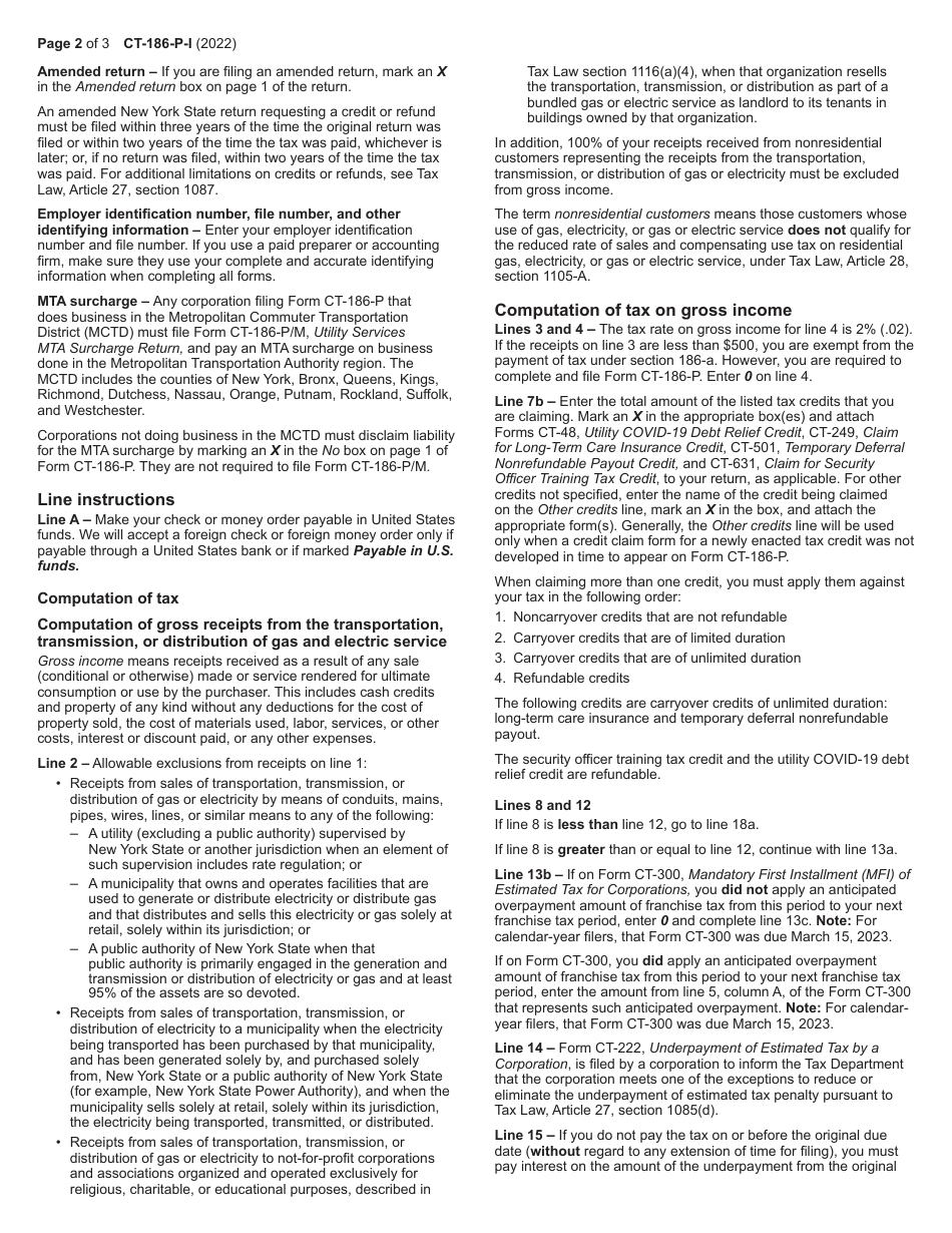 Instructions for Form CT-186-P Utility Services Tax Return - Gross Income - New York, Page 2