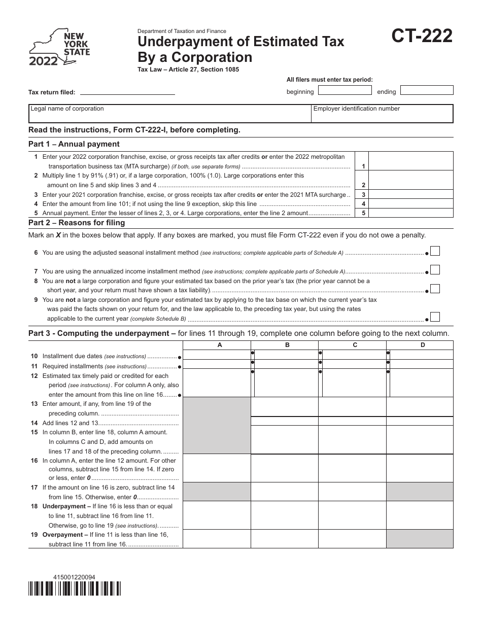Form CT-222 Underpayment of Estimated Tax by a Corporation - New York, Page 1
