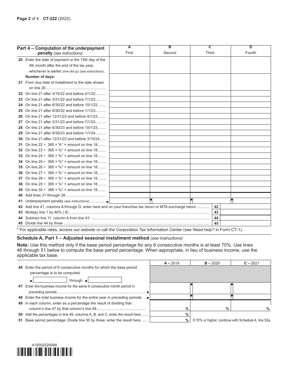 Form CT-222 Underpayment of Estimated Tax by a Corporation - New York, Page 2