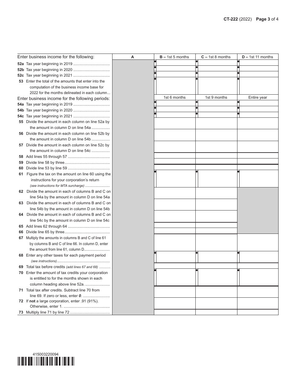 Form CT-222 Underpayment of Estimated Tax by a Corporation - New York, Page 3