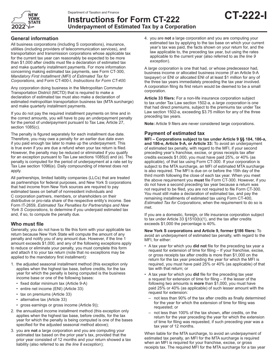 Instructions for Form CT-222 Underpayment of Estimated Tax by a Corporation - New York, Page 1