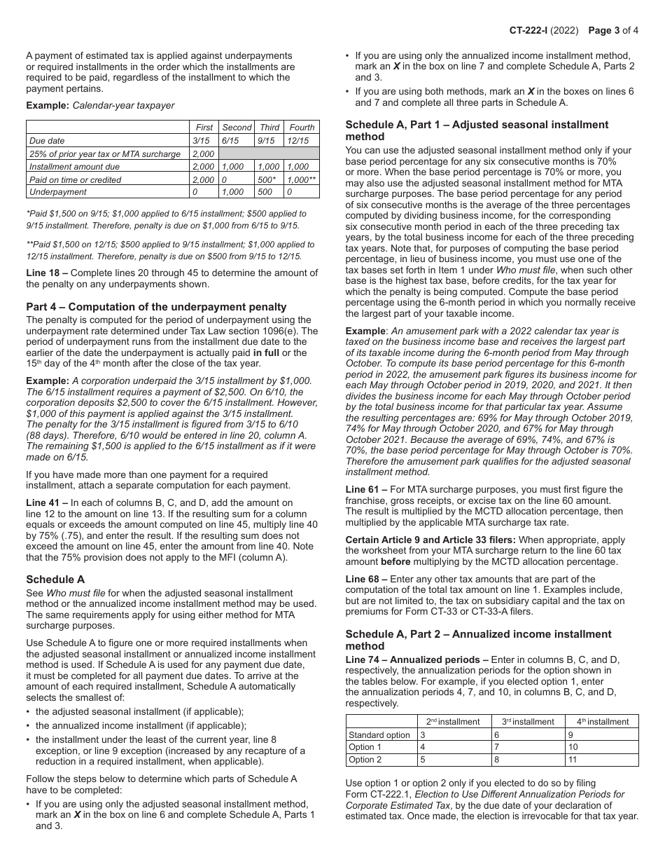 Instructions for Form CT-222 Underpayment of Estimated Tax by a Corporation - New York, Page 3