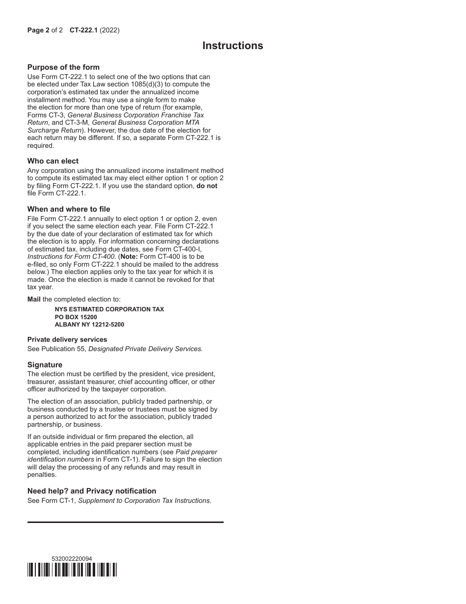Form CT-222.1 Election to Use Different Annualization Periods for Corporate Estimated Tax - New York, Page 2