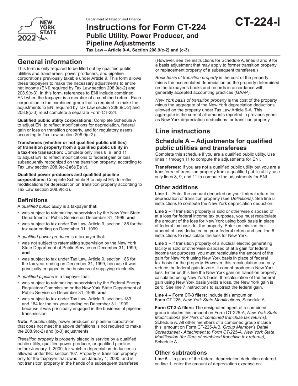 Instructions for Form CT-224 Public Utility, Power Producer, and Pipeline Adjustments - New York, Page 1