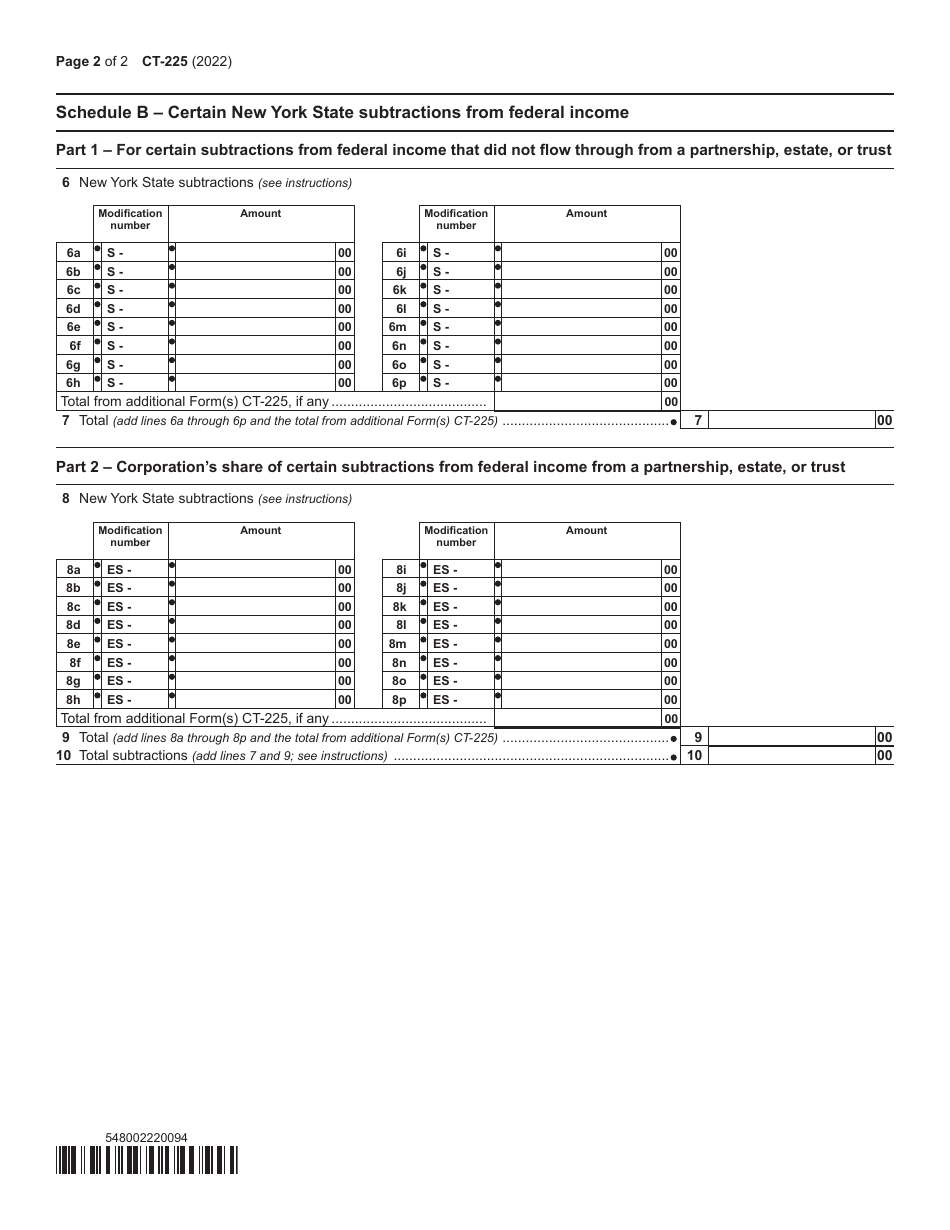 Form CT-225 New York State Modifications - New York, Page 2