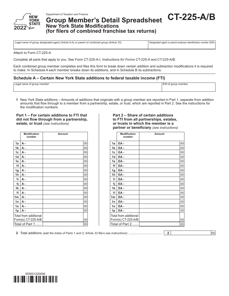 Form CT-225-A / B Group Members Detail Spreadsheet New York State Modifications (For Filers of Combined Franchise Tax Returns) - New York, Page 1