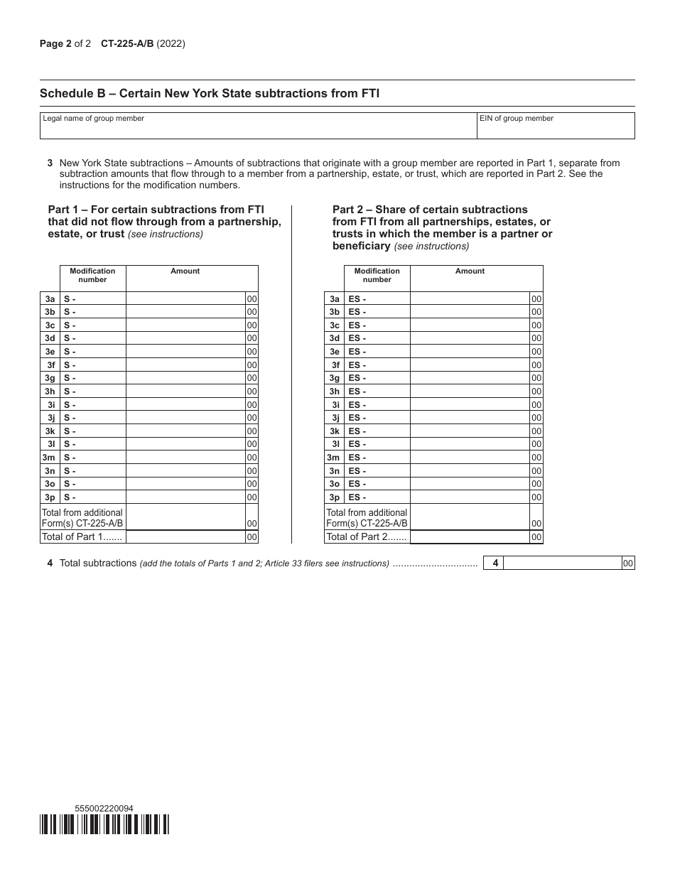 Form CT-225-A / B Group Members Detail Spreadsheet New York State Modifications (For Filers of Combined Franchise Tax Returns) - New York, Page 2