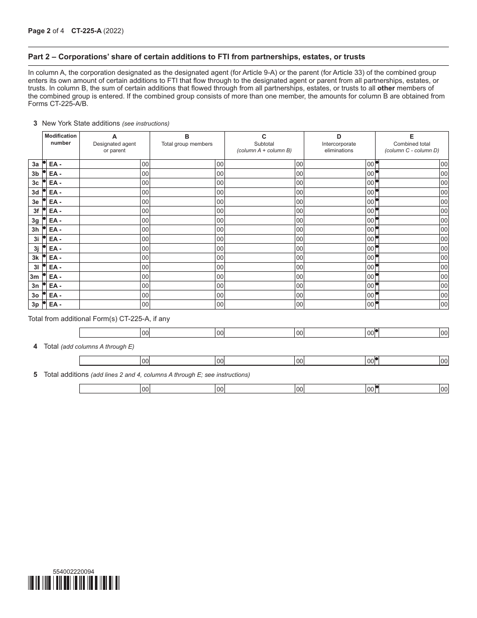 Form CT-225-A New York State Modifications (For Filers of Combined Franchise Tax Returns) - New York, Page 2