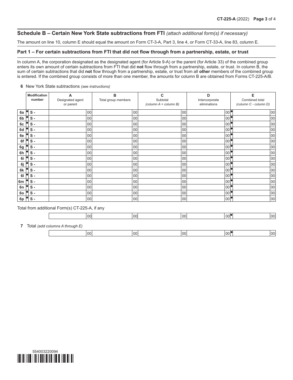 Form CT-225-A New York State Modifications (For Filers of Combined Franchise Tax Returns) - New York, Page 3