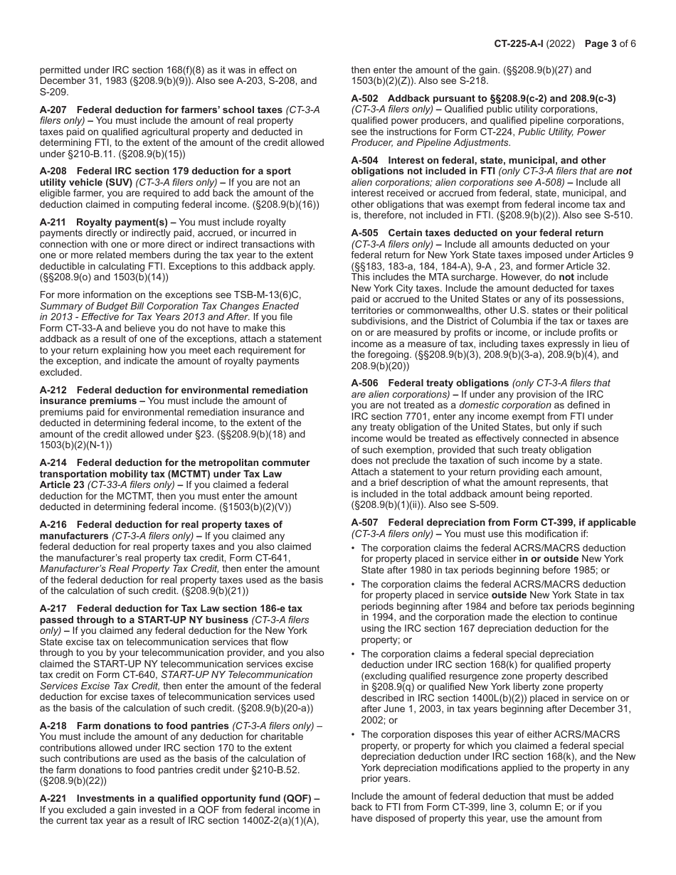 Instructions for Form CT-225-A, CT-225-A / B - New York, Page 3