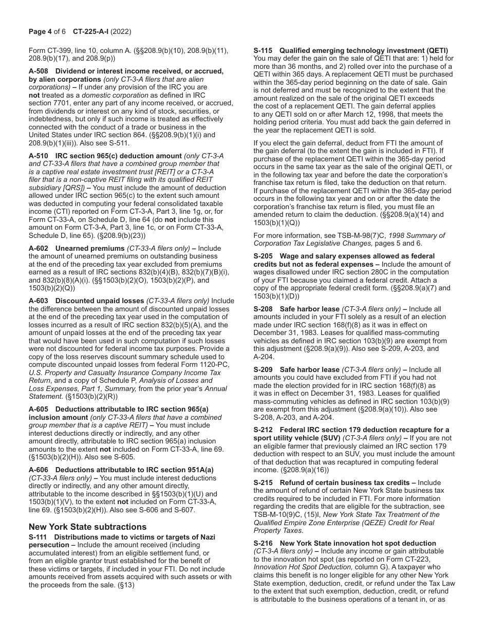 Instructions for Form CT-225-A, CT-225-A / B - New York, Page 4