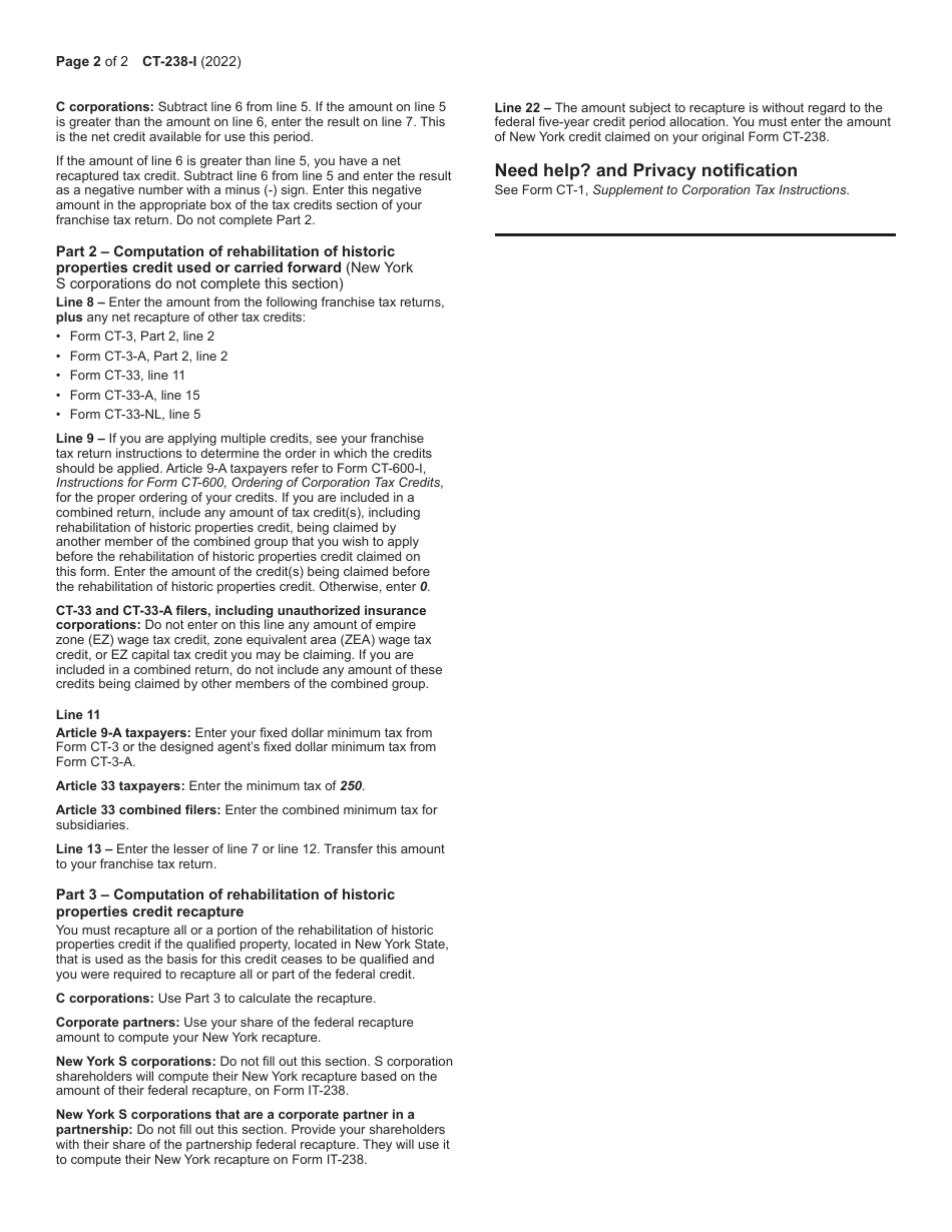 Instructions for Form CT-238 Claim for Rehabilitation of Historic Properties Credit - New York, Page 2