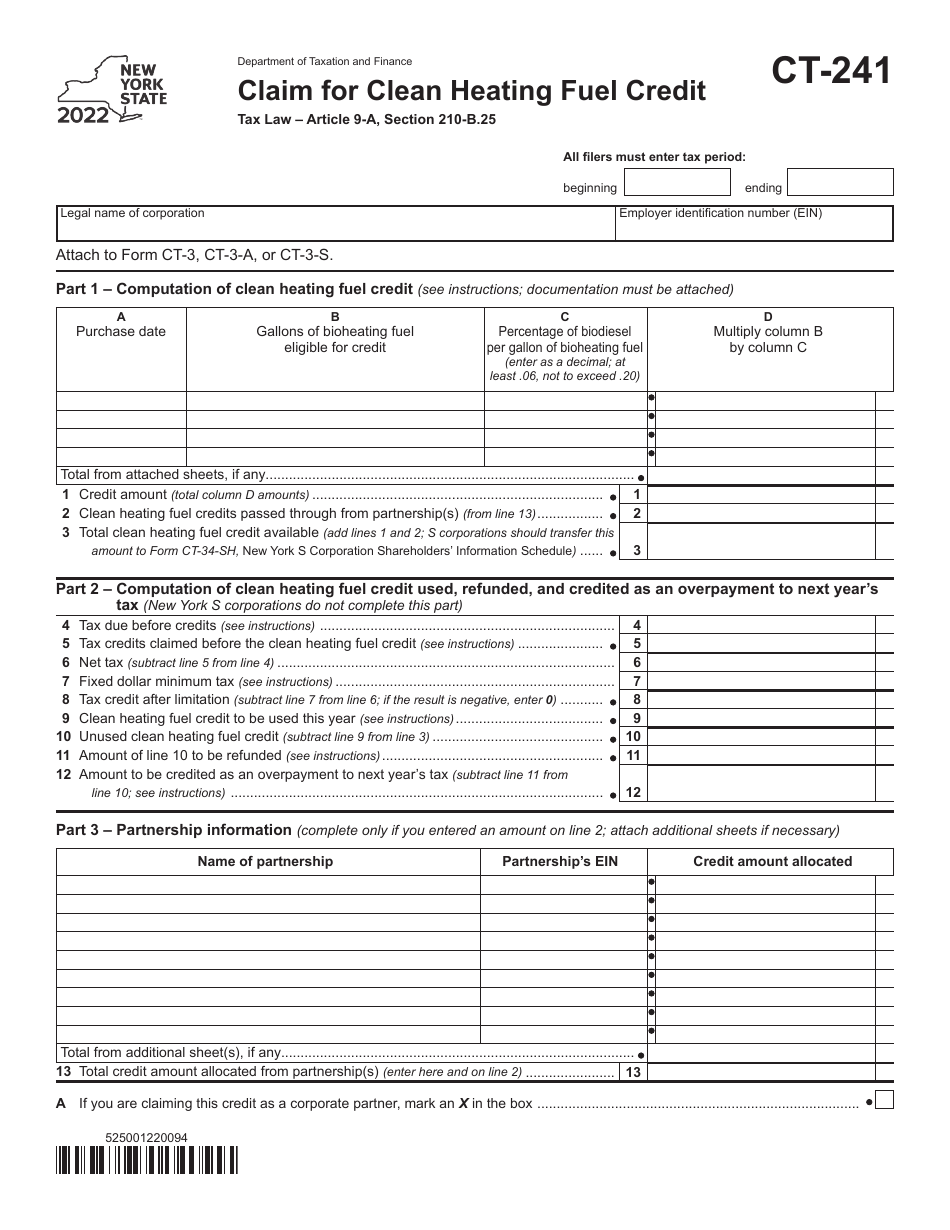 Form CT-241 Claim for Clean Heating Fuel Credit - New York, Page 1