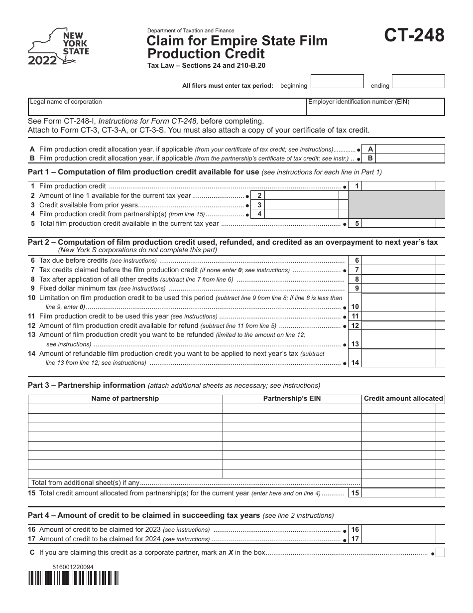 Form CT-248 Claim for Empire State Film Production Credit - New York, Page 1