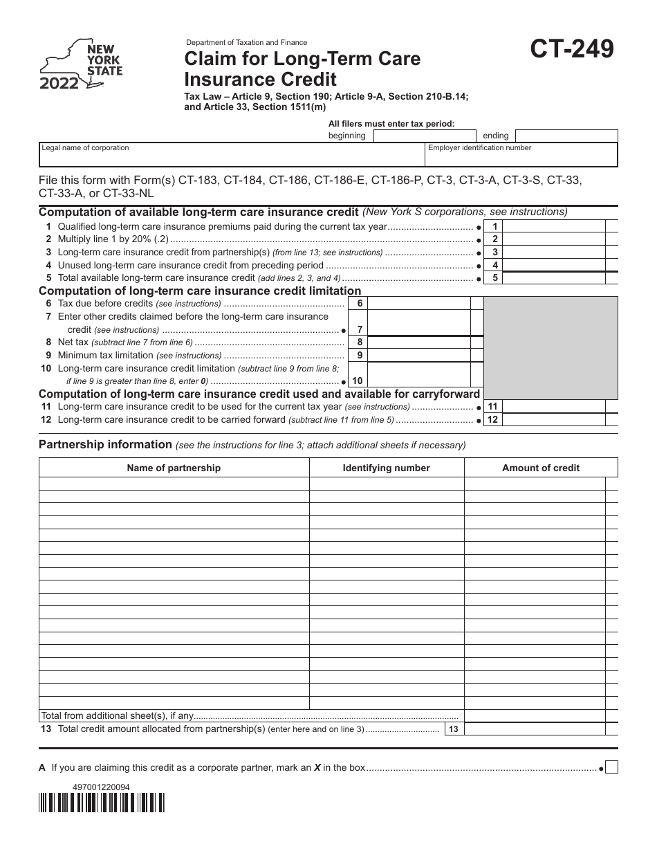 Form CT-249 Claim for Long-Term Care Insurance Credit - New York, Page 1
