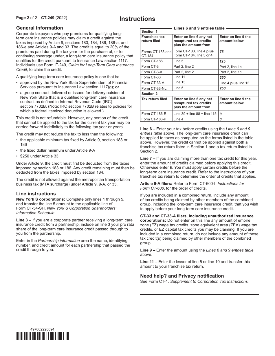 Form CT-249 Claim for Long-Term Care Insurance Credit - New York, Page 2