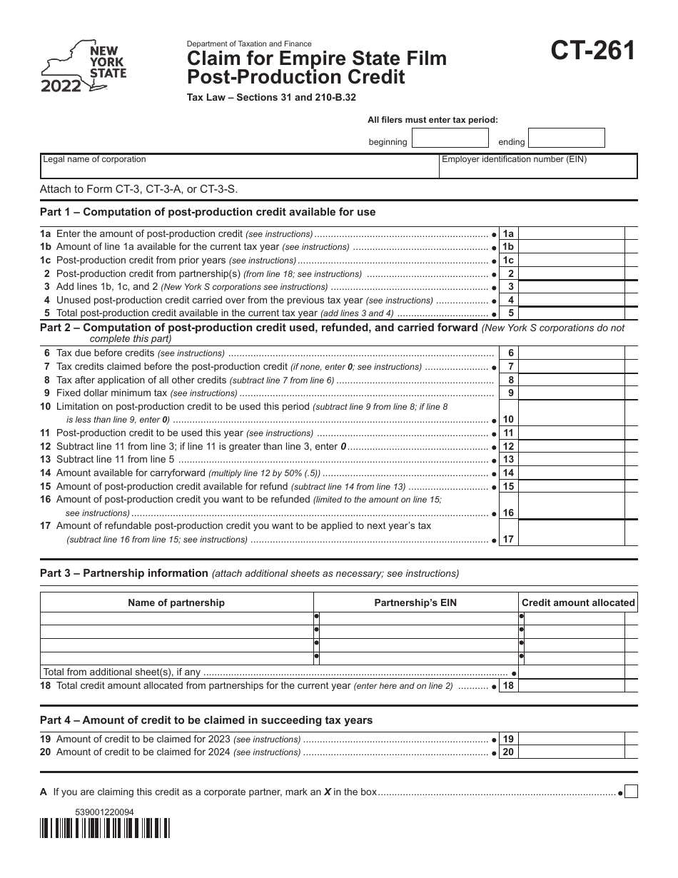 Form CT-261 Claim for Empire State Film Post-production Credit - New York, Page 1