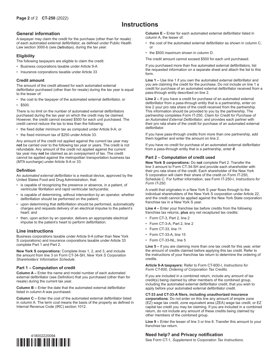 Form CT-250 Credit for Purchase of an Automated External Defibrillator - New York, Page 2