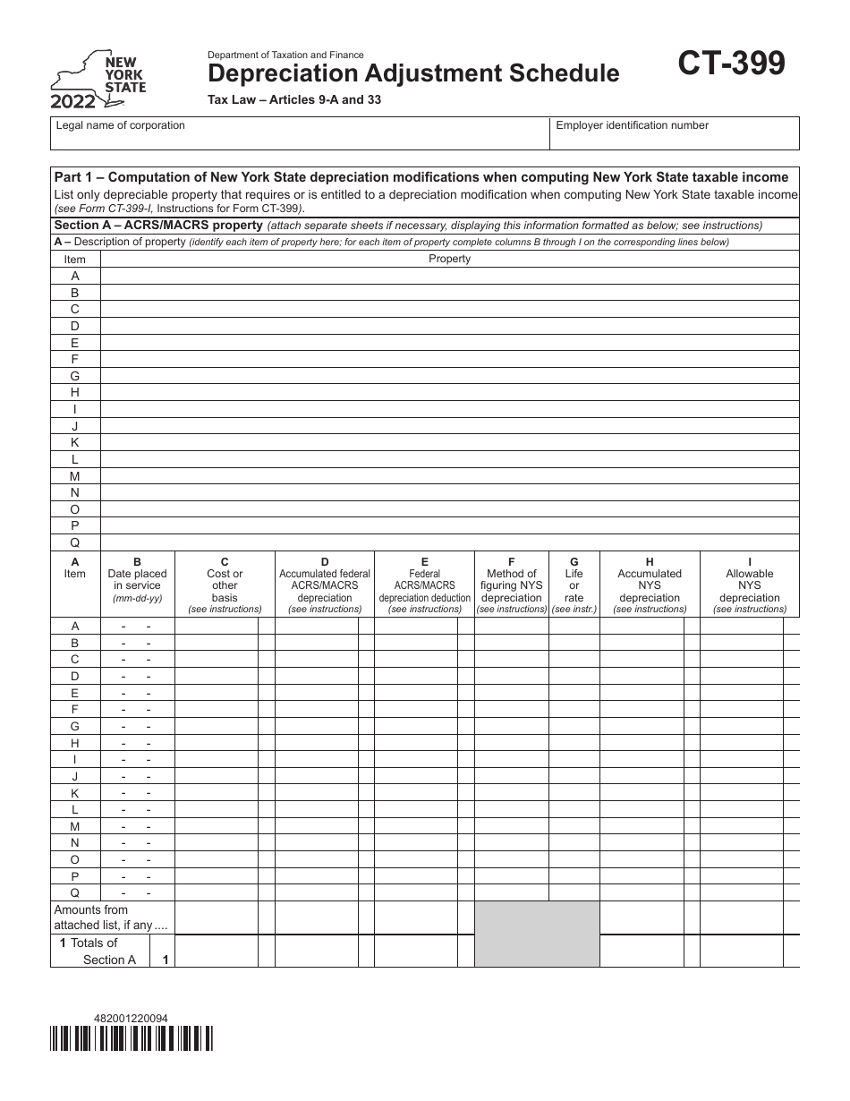 Form CT-399 Depreciation Adjustment Schedule - New York, Page 1