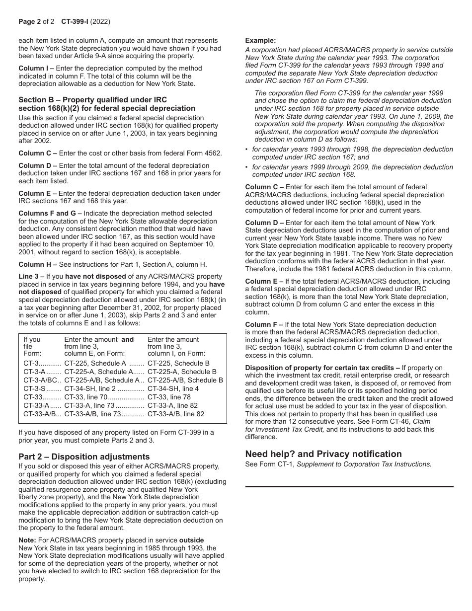 Instructions for Form CT-399 Depreciation Adjustment Schedule - New York, Page 2