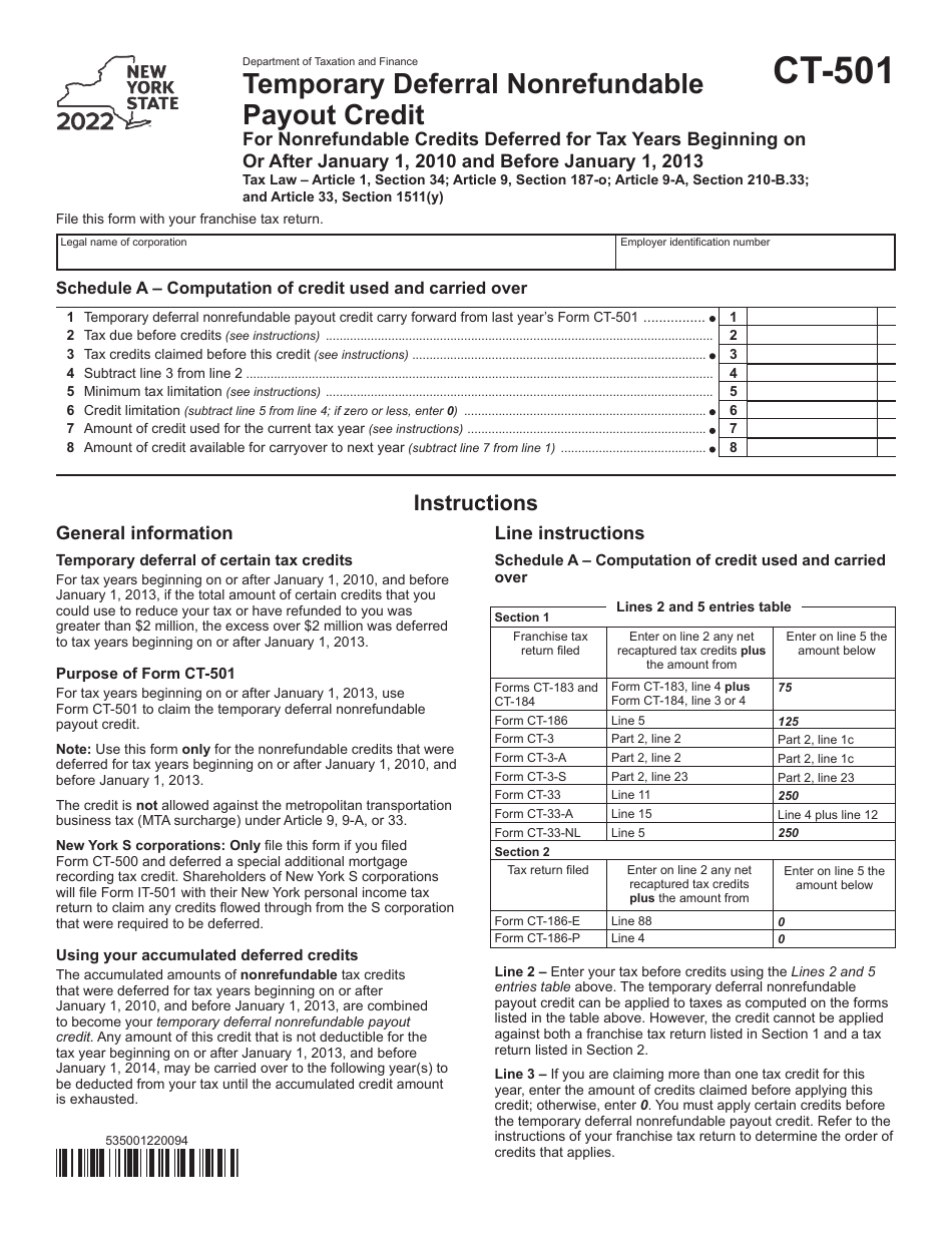 Form CT-501 Temporary Deferral Nonrefundable Payout Credit - New York, Page 1