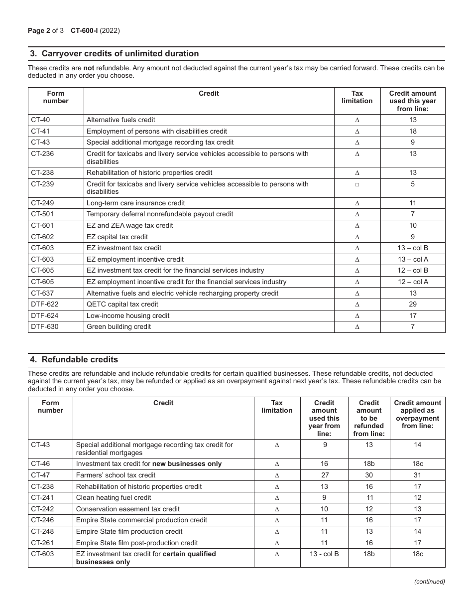 Instructions for Form CT-600 Ordering of Corporation Tax Credits - New York, Page 2