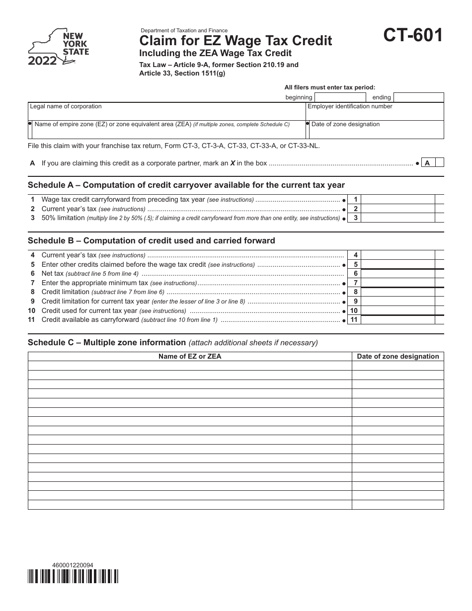 Form CT-601 Claim for Ez Wage Tax Credit Including the Zea Wage Tax Credit - New York, Page 1