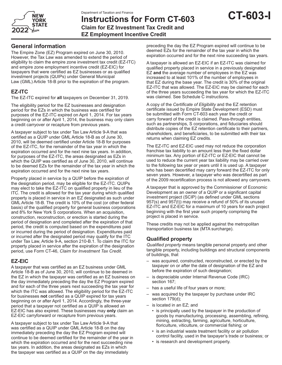 Instructions for Form CT-603 Claim for Ez Investment Tax Credit and Ez Employment Incentive Credit - New York, Page 1