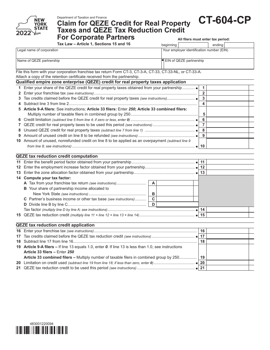 Form CT-604-CP Claim for Qeze Credit for Real Property Taxes and Qeze Tax Reduction Credit for Corporate Partners - New York, Page 1