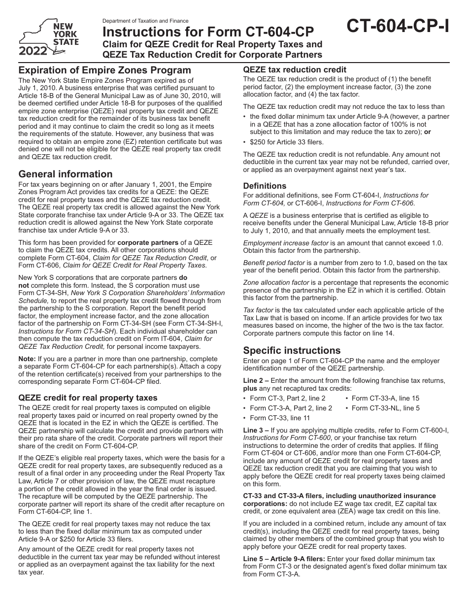 Instructions for Form CT-604-CP Claim for Qeze Credit for Real Property Taxes and Qeze Tax Reduction Credit for Corporate Partners - New York, Page 1