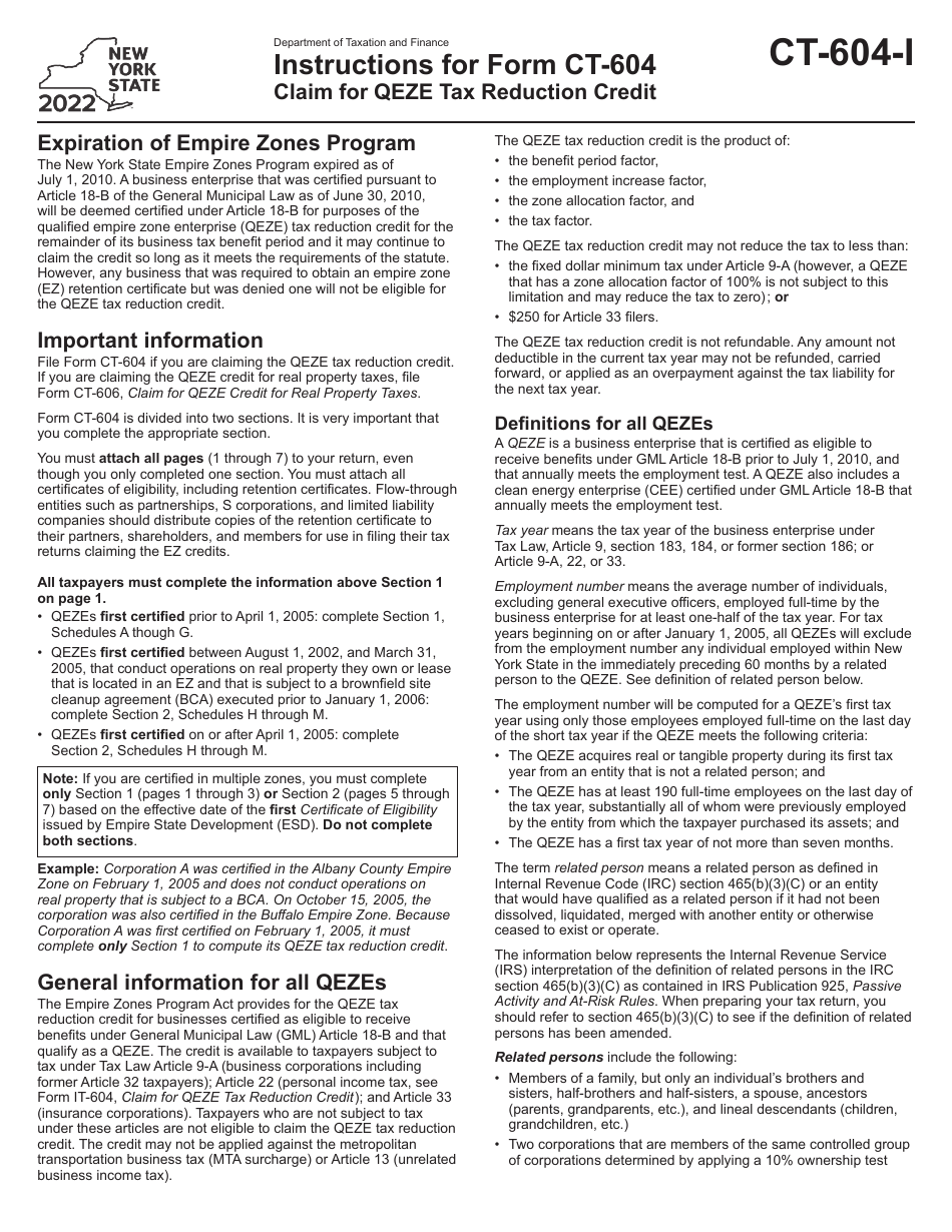 Instructions for Form CT-604 Claim for Qeze Tax Reduction Credit - New York, Page 1