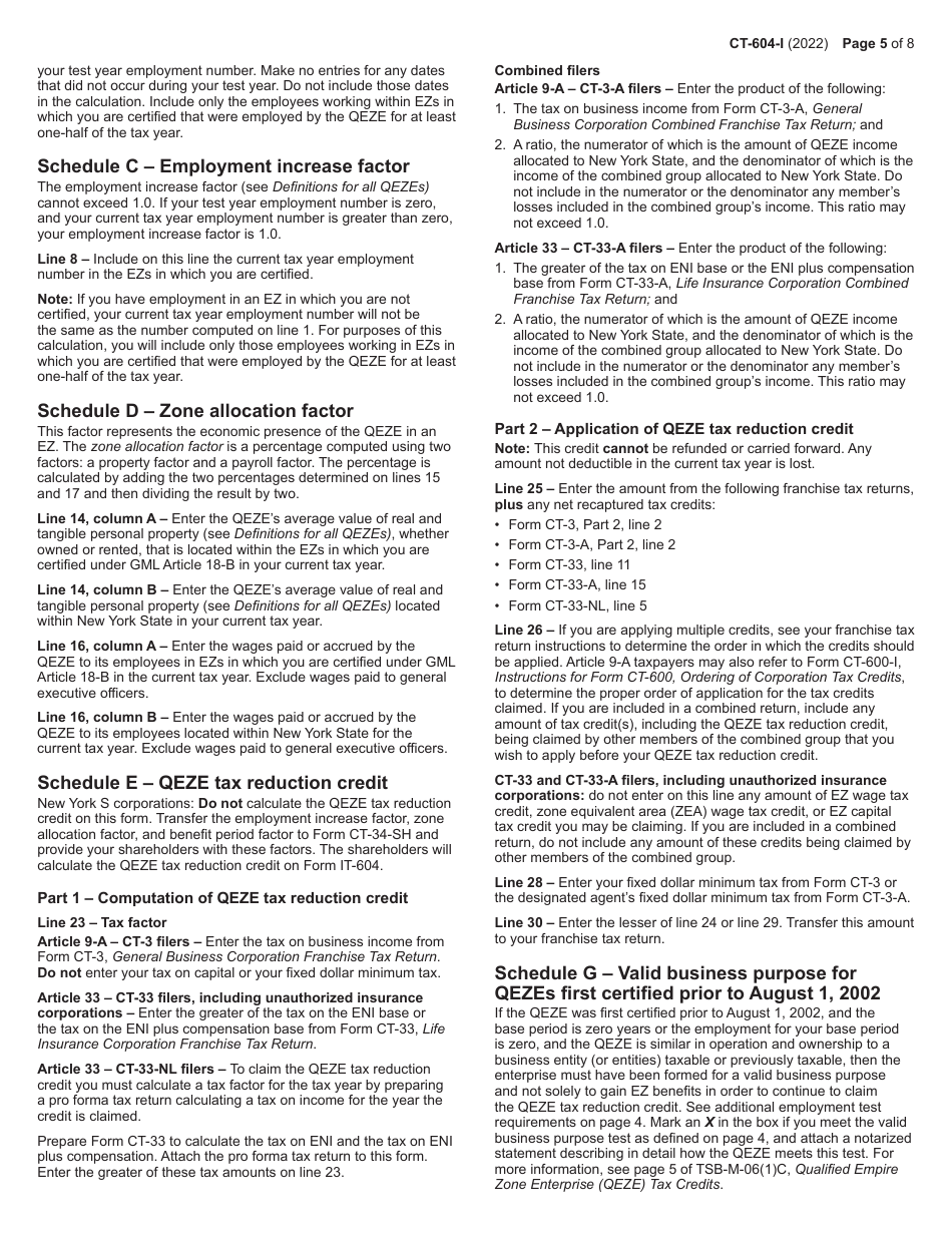 Instructions for Form CT-604 Claim for Qeze Tax Reduction Credit - New York, Page 5