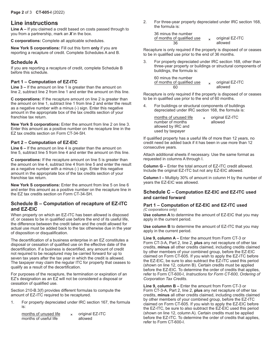 Instructions for Form CT-605 Claim for Ez Investment Tax Credit and Ez Employment Incentive Credit for the Financial Services Industry - New York, Page 2