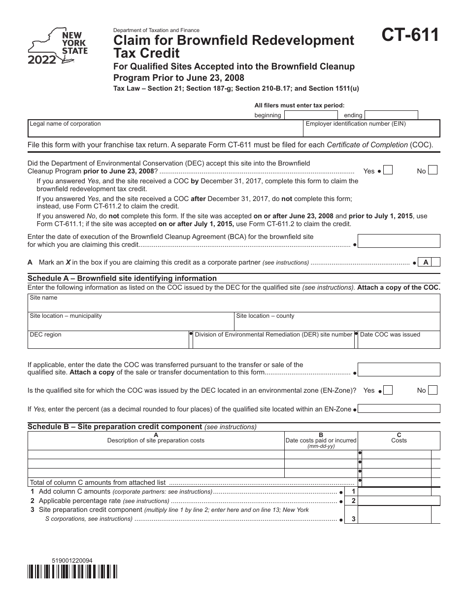 Form CT-611 Claim for Brownfield Redevelopment Tax Credit for Qualified Sites Accepted Into the Brownfield Cleanup Program Prior to June 23, 2008 - New York, Page 1