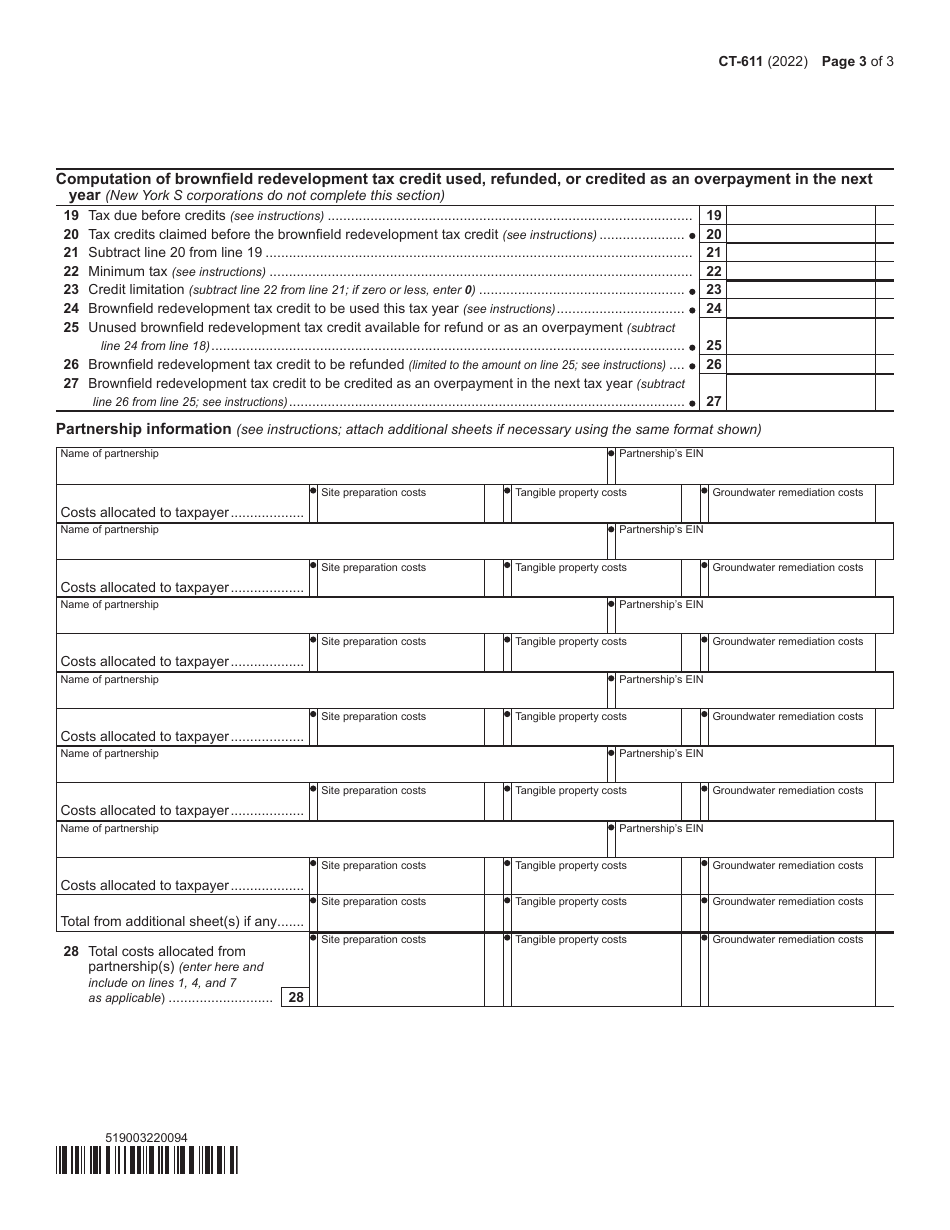 Form CT-611 Claim for Brownfield Redevelopment Tax Credit for Qualified Sites Accepted Into the Brownfield Cleanup Program Prior to June 23, 2008 - New York, Page 3