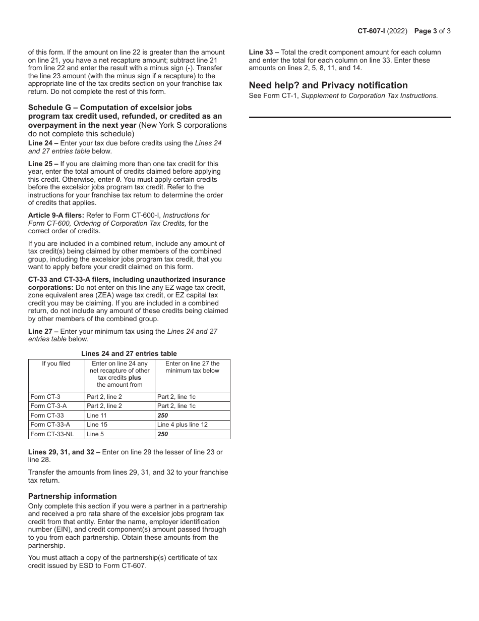 Instructions for Form CT-607 Claim for Excelsior Jobs Program Tax Credit - New York, Page 3