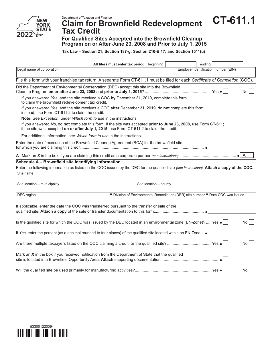 Form CT-611.1 Claim for Brownfield Redevelopment Tax Credit for Qualified Sites Accepted Into the Brownfield Cleanup Program on or After June 23, 2008 and Prior to July 1, 2015 - New York, Page 1