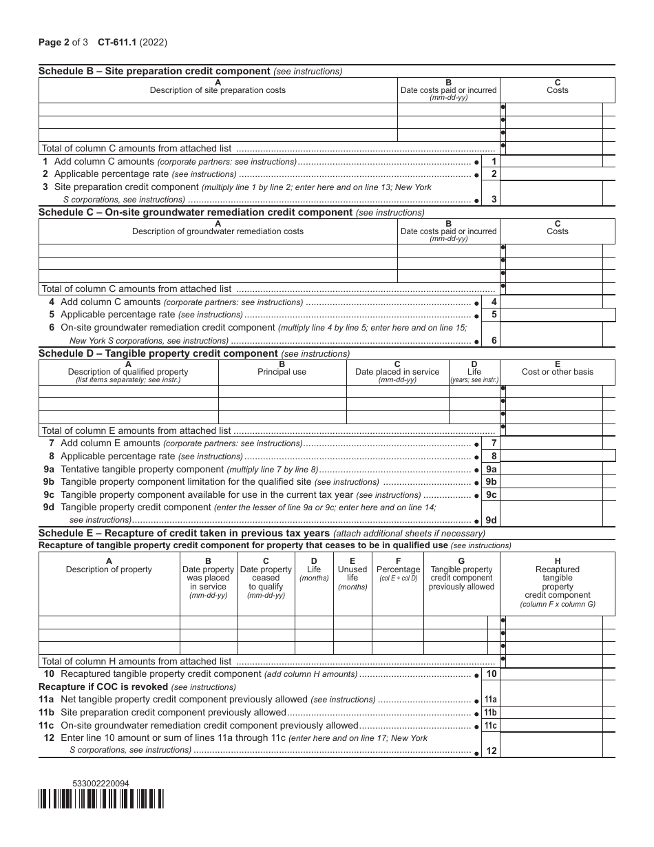 Form CT-611.1 Claim for Brownfield Redevelopment Tax Credit for Qualified Sites Accepted Into the Brownfield Cleanup Program on or After June 23, 2008 and Prior to July 1, 2015 - New York, Page 2