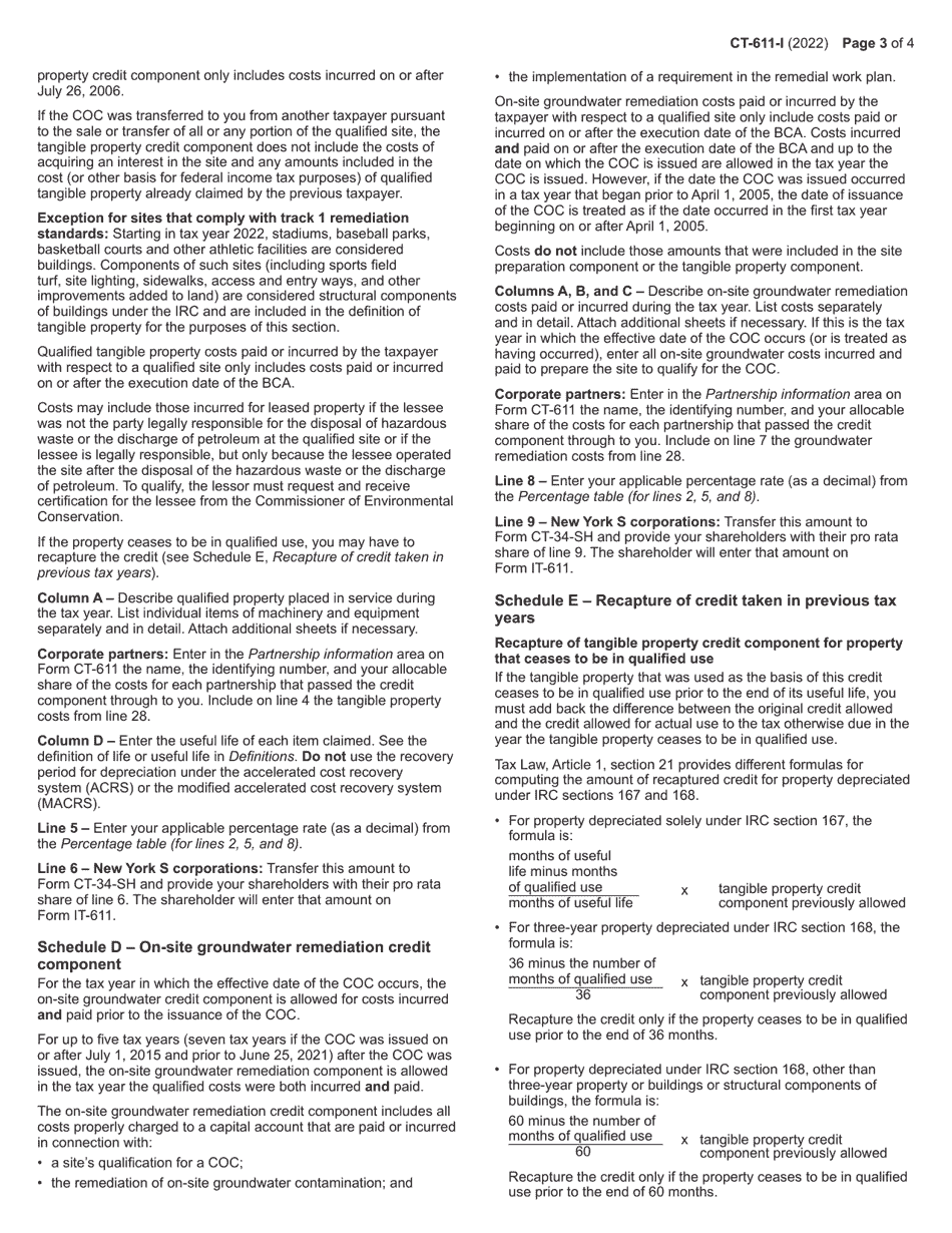 Instructions for Form CT-611 Claim for Brownfield Redevelopment Tax Credit for Qualified Sites Accepted Into the Brownfield Cleanup Program Prior to June 23, 2008 - New York, Page 3