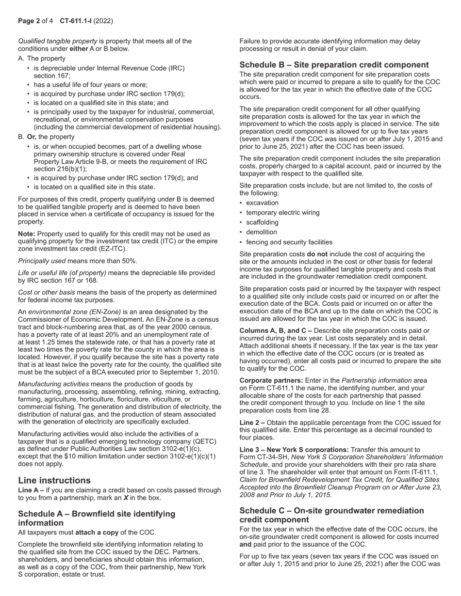 Instructions for Form CT-611.1 Claim for Brownfield Redevelopment Tax Credit for Qualified Sites Accepted Into the Brownfield Cleanup Program on or After June 23, 2008 and Prior to July 1, 2015 - New York, Page 2