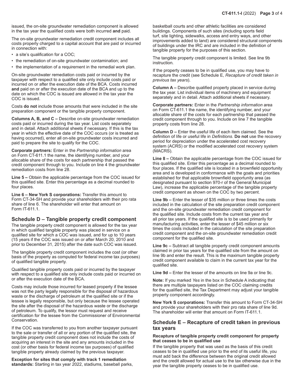 Instructions for Form CT-611.1 Claim for Brownfield Redevelopment Tax Credit for Qualified Sites Accepted Into the Brownfield Cleanup Program on or After June 23, 2008 and Prior to July 1, 2015 - New York, Page 3