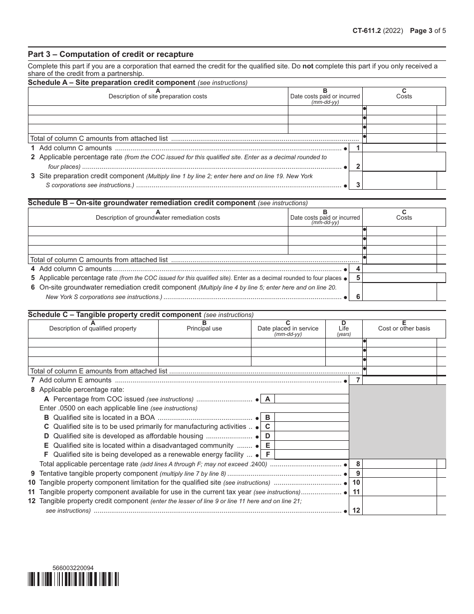 Form CT-611.2 Claim for Brownfield Redevelopment Tax Credit for Qualified Sites Accepted Into the Brownfield Cleanup Program on or After July 1, 2015 - New York, Page 3