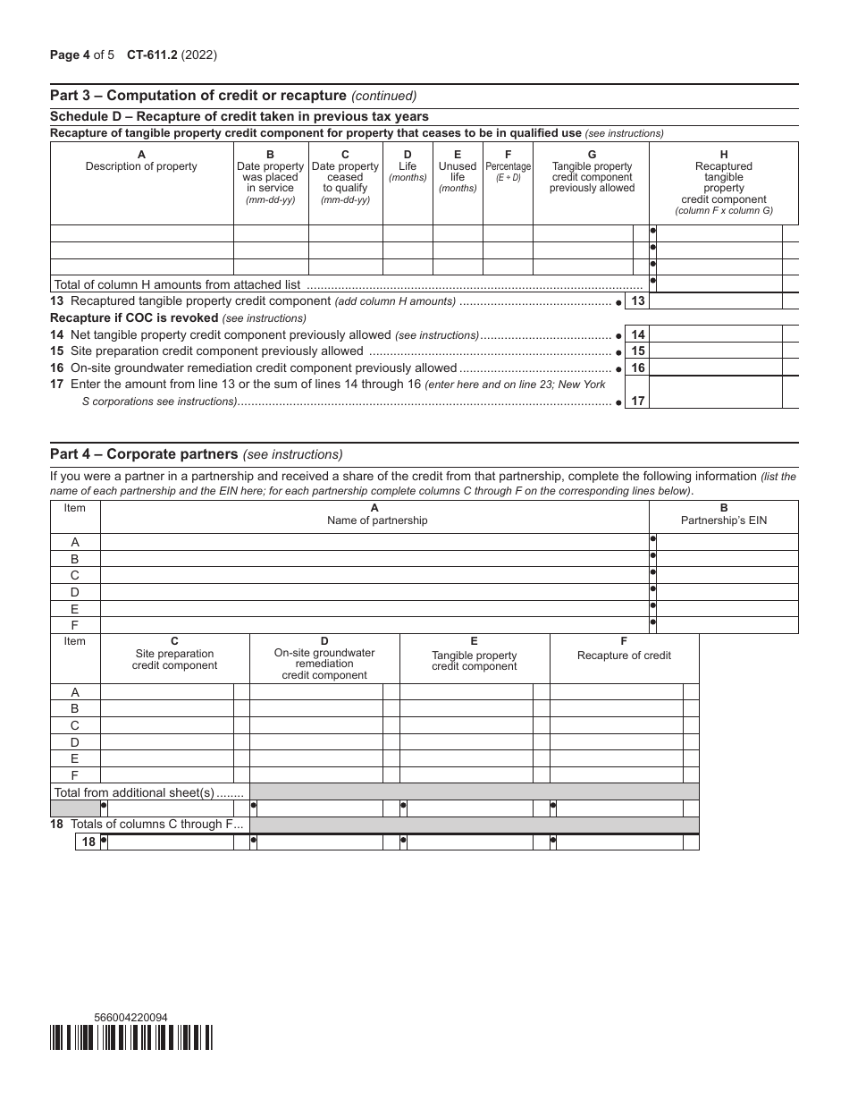 Form CT-611.2 Claim for Brownfield Redevelopment Tax Credit for Qualified Sites Accepted Into the Brownfield Cleanup Program on or After July 1, 2015 - New York, Page 4